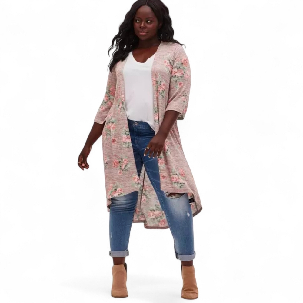 Torrid Women's Beautiful Taupe Floral Knit Open Cardigan, Kimono, Duster